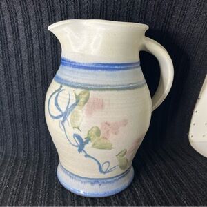 Studio Pottery Pitcher Floral Glazed Crazing Handle 8” Blue Hand Crafted Benner